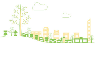 Obraz premium シンプルな建物ビルディングのアイコンで描かれた街並みの2色風景イラスト