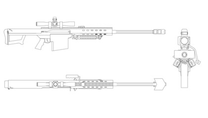 Set with rifle contours with telescopic sight from black lines isolated on white background. Side, top, front view. Vector illustration - obrazy, fototapety, plakaty