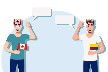The concept of international communication, sports, education, business between Canada and Colombia. Men with Canadian and Colombian flags. Vector illustration.