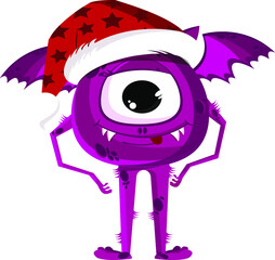 Purple monster with wings wearing santa claus hat