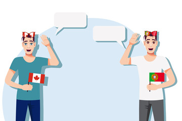 Vector illustration of people speaking the languages of Canada and Portugal. Illustration of translation, transcription and dialogue between Canada and Portugal.