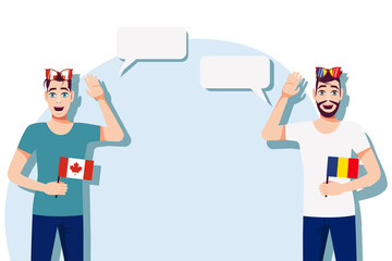 Men with Canadian and Romanian flags. The concept of international communication, education, sports, travel, business. Dialogue between Canada and Romania. Vector illustration.