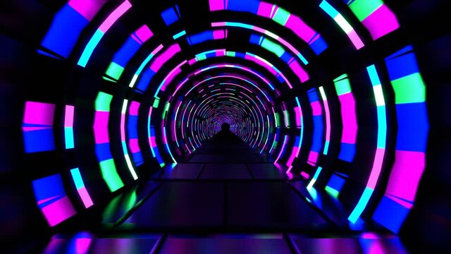 4K Looped 3D animation, seamless abstract glowing neon lamps. Futuristic Abstract technology background with glitter particle motion in a cyber space. Tunnel texture futuristic digital data transfer