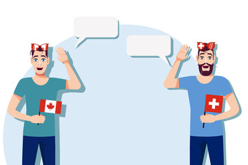 Men with Canadian and Swiss flags. Background for text. Communication between native speakers of Canada and Switzerland. Vector illustration.