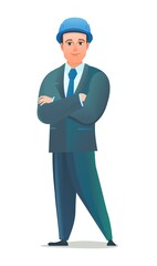 Man engineer in suit and protective helmet. Office guy at construction site. Cheerful person. Standing pose. Single Character cartoon comic style. Illustration isolated on white background. Vector