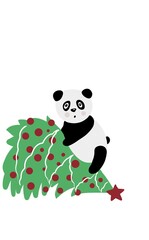 panda and christmas tree, cute panda, fallen christmas tree, panda isolated