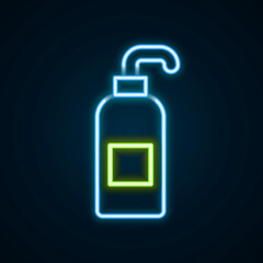Glowing neon line Bottle of liquid antibacterial soap with dispenser icon isolated on black background. Antiseptic. Disinfection, hygiene, skin care. Colorful outline concept. Vector