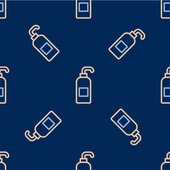 Line Bottle of liquid antibacterial soap with dispenser icon isolated seamless pattern on blue background. Antiseptic. Disinfection, hygiene, skin care. Vector