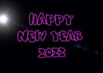 Neon sign with happy new year 2022 greeting on background with starry sky and glare of light.