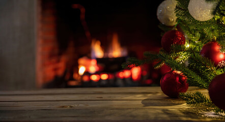 Christmas tree and burning fireplace background. Wooden table desk empty, template
