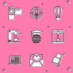 Set Cinema camera, Head hunting, Hot air balloon, Coffee machine and cup, Graduation cap globe and icon. Vector