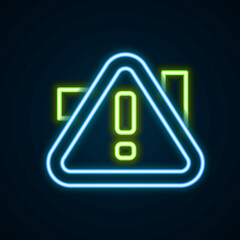 Glowing neon line Exclamation mark in triangle icon isolated on black background. Hazard warning sign, careful, attention, danger warning important. Colorful outline concept. Vector