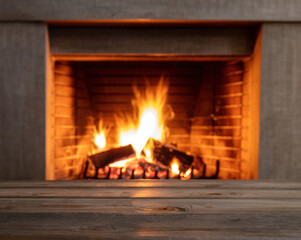Table on blur burning fireplace background. Empty wooden planks, space.