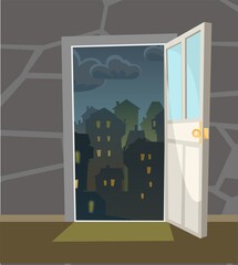 Opened door. From inside of room at home. Night view on town. Stone wall. Way is open. Cartoon style. Vector