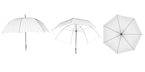 Set with umbrella wireframes from black lines isolated on white background. Top, side, bottom view. 3D. Vector illustration