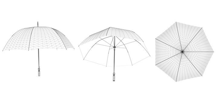 Set With Umbrella Wireframes From Black Lines Isolated On White Background. Top, Side, Bottom View. 3D. Vector Illustration