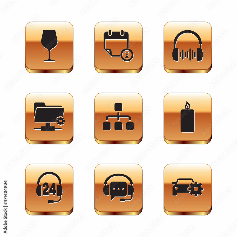 Sticker Set Wine glass, Headphone for support, Headphones with speech bubble, Hierarchy organogram chart, FTP settings folder and and sound waves icon. Vector