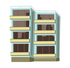 City building. Cartoon fun flat style. Isolated on white background. Residential building with windows and balconies. Vector.