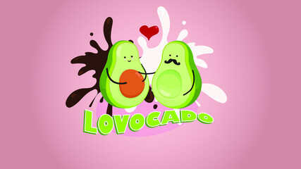 Cute cartoon avocado couple in love, "avocuddle". Two halves of avocado with heart and pregnant couple, valentines day greeting card illustration