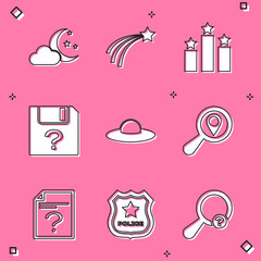 Set Cloud with moon and stars, Falling, Ranking, Unknown document, UFO flying spaceship and Search location icon. Vector