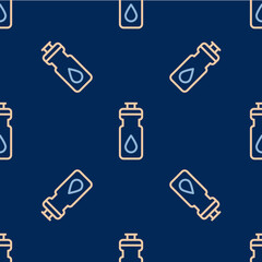 Line Fitness shaker icon isolated seamless pattern on blue background. Sports shaker bottle with lid for water and protein cocktails. Vector