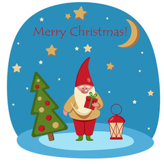 Christmas greeting card cute gnome on a blue background at the Christmas tree. Vector flat illustration of Merry Christmas. EPS 10.