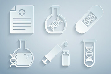 Set Medical syringe and vial, Bandage plaster, DNA research, search, , and Clinical record icon. Vector