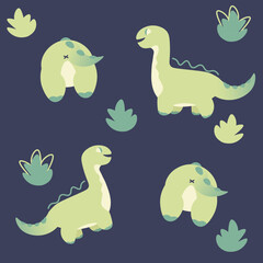 Flat illustration, pattern for baby bedding, wrapping paper, for background. Dinosaurs on a black background.