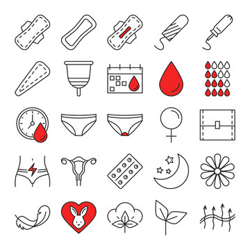 Female hygiene during period set vector isolated. Collection of icons with objects women need during menstruation. Cotton pad, tampon, cup and panties.