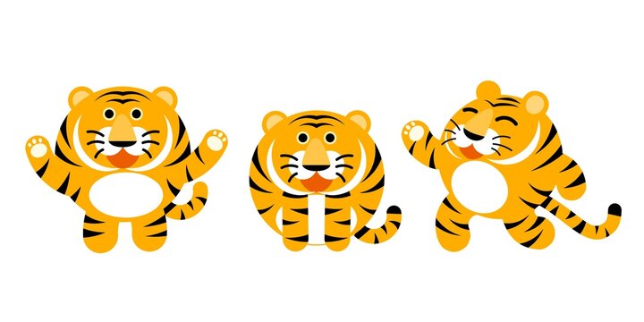 Vector illustration, cartoon set of tiger characters, as suitable for children's t-shirt printing or templates, Chinese New Year 2022, year of the Tiger.
