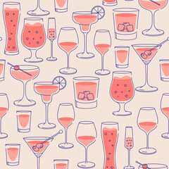 Seamless vector pattern with different glasses goblets and wineglasses. Illustration isolated line art silhouette design.