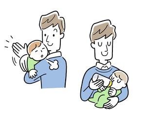 育児、子育て：赤ちゃんにミルクを与えた後、げっぷさせる父親

