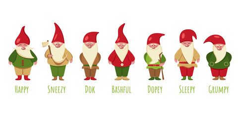 Seven gnomes from a fairy tale on a white background. Snow White and the Seven gnomes. Collection of fairy gnomes. Vector flat illustration of Christmas gnomes. EPS 10. - obrazy, fototapety, plakaty