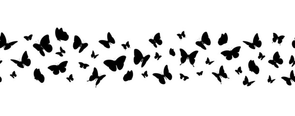 Fototapeta na wymiar Flying black silhouettes of butterflies seamless horizontal banner. Illustration 