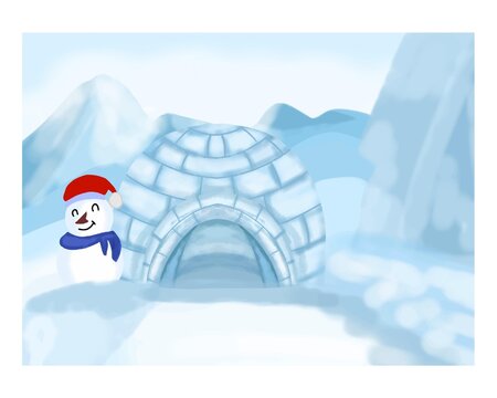 Illustration of an igloo in winter high season mountains. ice pole view