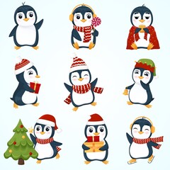 Set of funny penguins.Vector illustration.	
