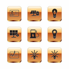 Set Identification badge, Signed document, Light bulb with gear, Bio fuel fueling nozzle, Solar energy panel, leaf, and and battery icon. Vector