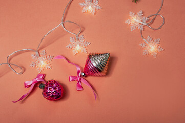 Vintage soviet russian toys with lights and copy space on pastel background christmas new year...
