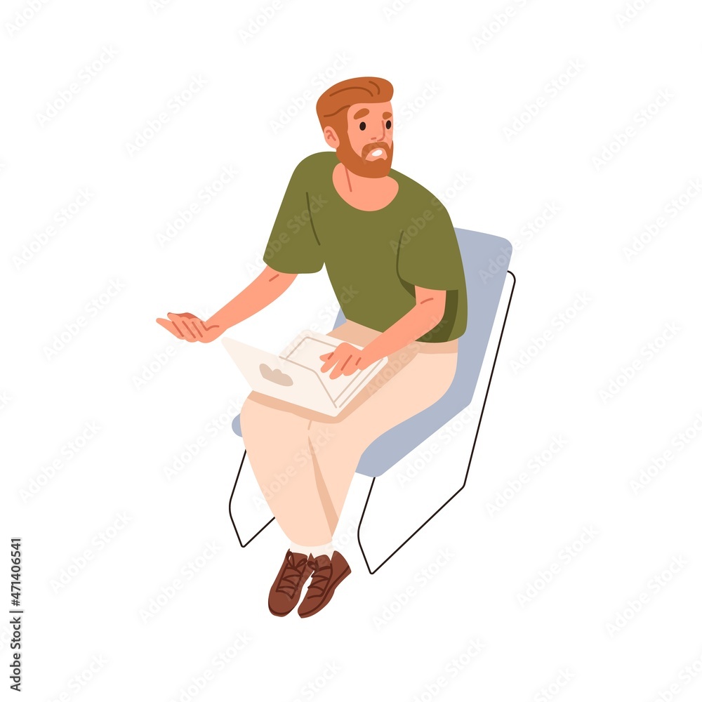 Poster Confused person with trouble at work, problems and difficulties with laptop computer. Sad employee in confusion after fails and mistakes. Flat vector illustration isolated on white background