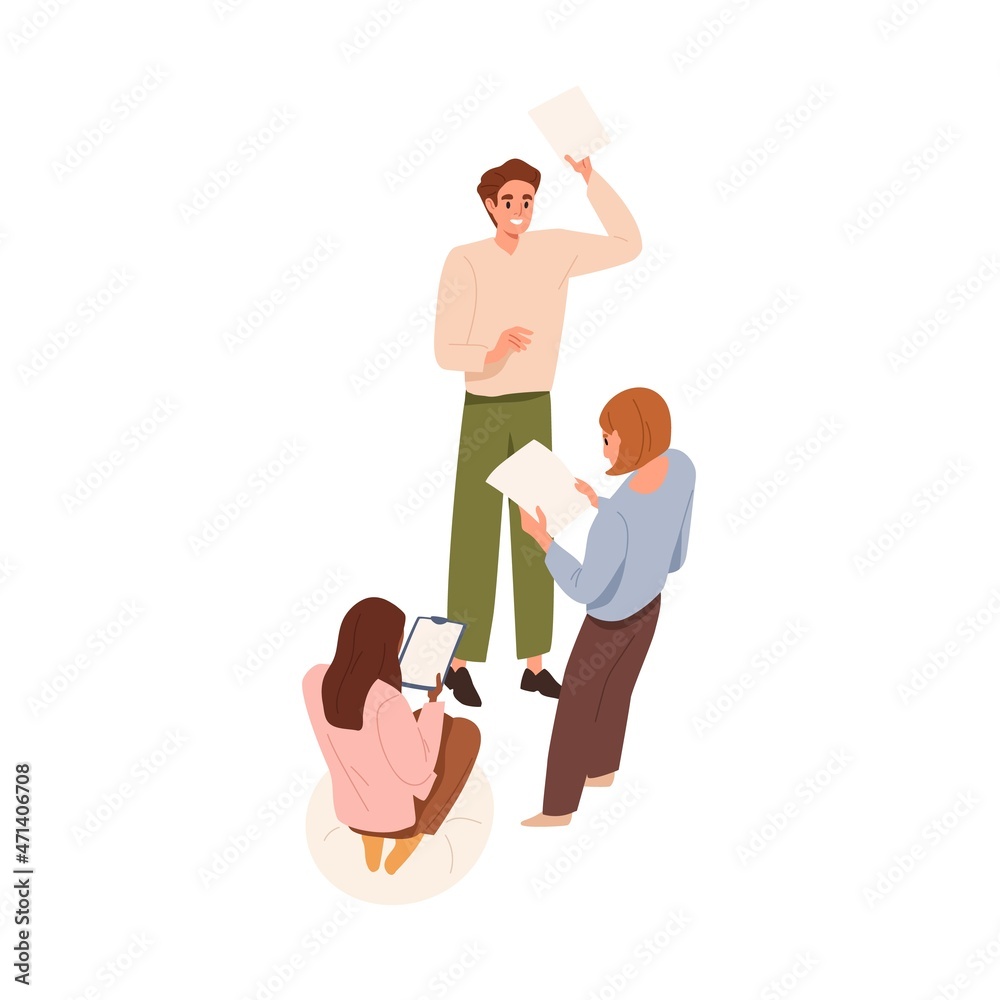 Poster happy employee discussing good news and ideas with colleagues. enthusiastic office worker offering s