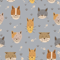 Obraz premium Cat funny feline seamless pattern. Cats heads and fish skeletons on gray background. Scandinavian background pet. Backdrop for wallpaper, print, textile, fabric, wrapping. Vector illustration