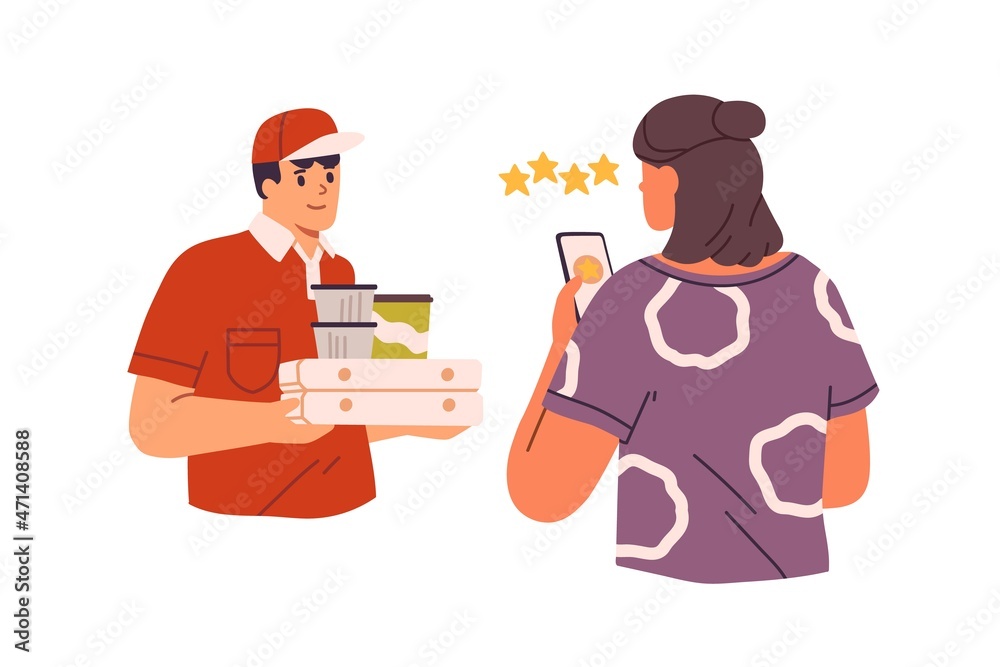 Poster courier with delivered pizza boxes and customer with phone ranking delivery service and leaving feed