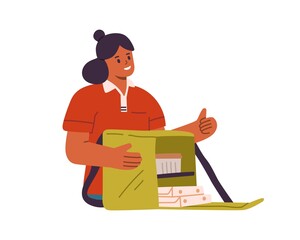 Woman courier holding open delivery bag with takeaway pizzas and lunch box. Happy smiling deliverywoman with delivered food in container. Flat vector illustration isolated on white background