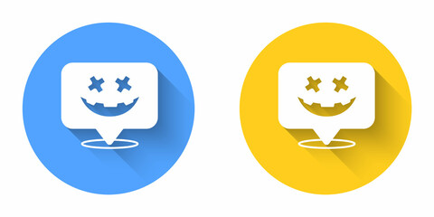 White Happy Halloween holiday icon isolated with long shadow background. Circle button. Vector