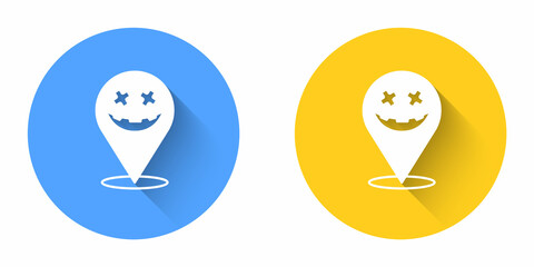 White Happy Halloween holiday icon isolated with long shadow background. Circle button. Vector