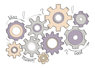 Gears vector set in hand drawn style. Goal, Planning, idea concept doodle illustration. Sketch gear infographic elements.