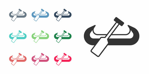 Black Kayak and paddle icon isolated on white background. Kayak and canoe for fishing and tourism. Outdoor activities. Set icons colorful. Vector