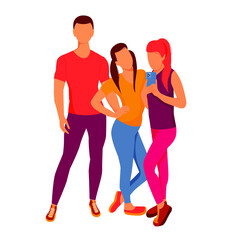 Stylish three friends men and women on white background