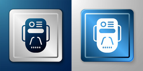 White Artificial intelligence robot icon isolated on blue and grey background. Machine learning, cloud computing. Silver and blue square button. Vector