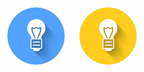 White Creative lamp light idea icon isolated with long shadow background. Concept ideas inspiration, invention, effective thinking, knowledge and education. Circle button. Vector